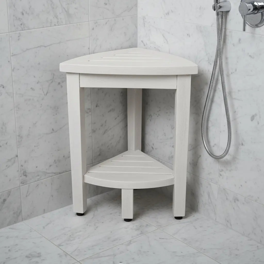 Compact Teak Corner Shower Stool With Shelf In Whitewash Finish Homeroots Bed & Bath