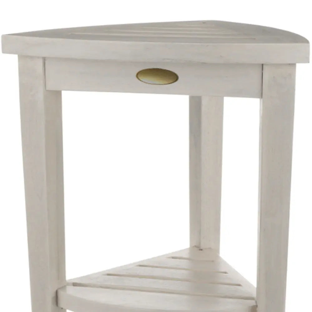 Compact Teak Corner Shower Stool With Shelf In Whitewash Finish Homeroots Bed & Bath