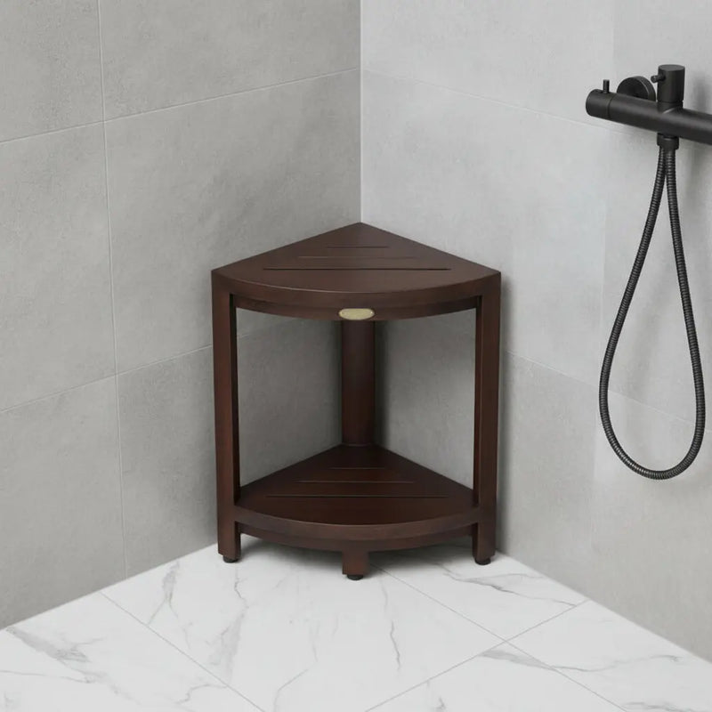 Compact Triangular Teak Shower Outdoor Bench With Shelf In Brown Finish Homeroots Bed & Bath