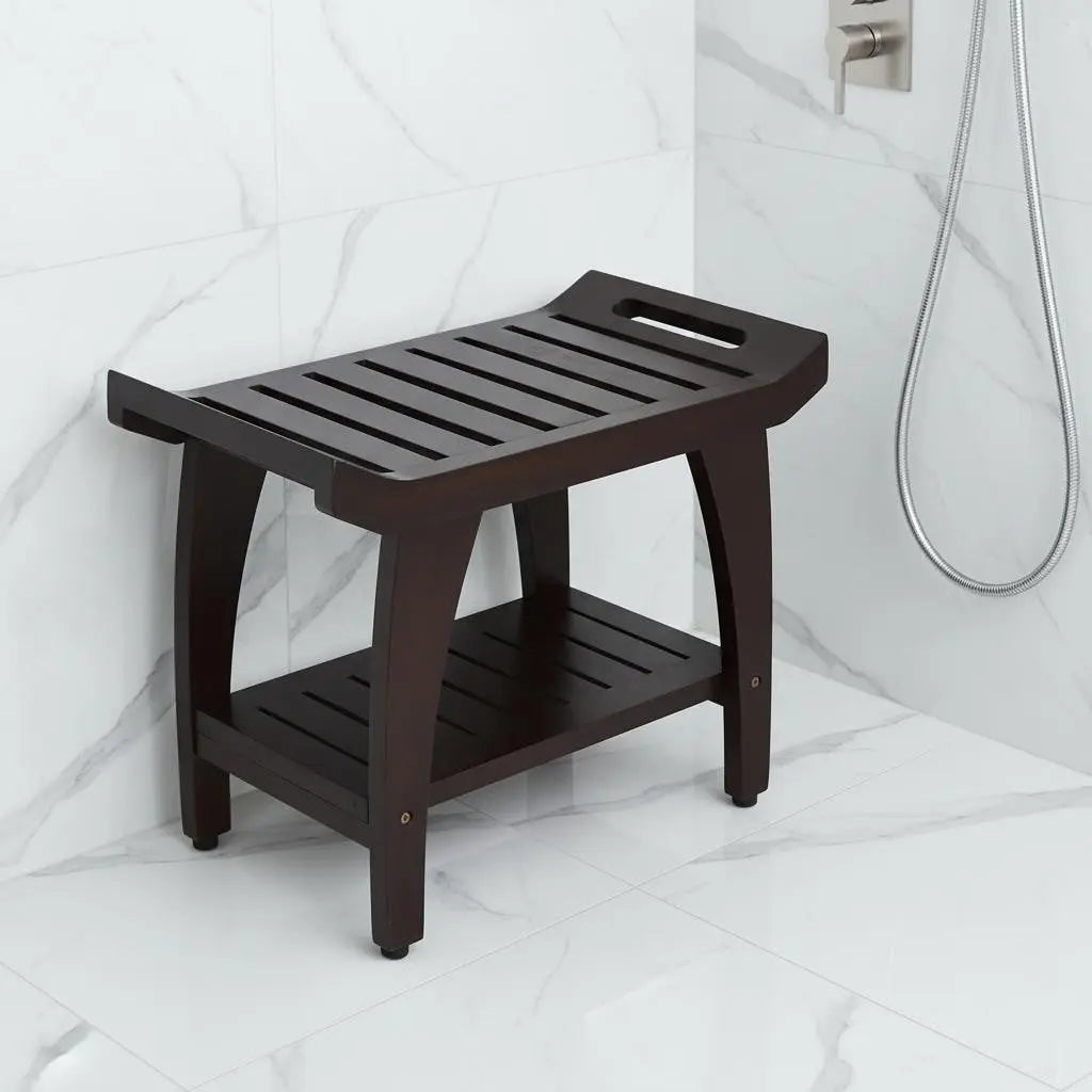 Dark espresso wooden shower bench with slatted top and lower shelf, perfect for bathroom storage and decor.