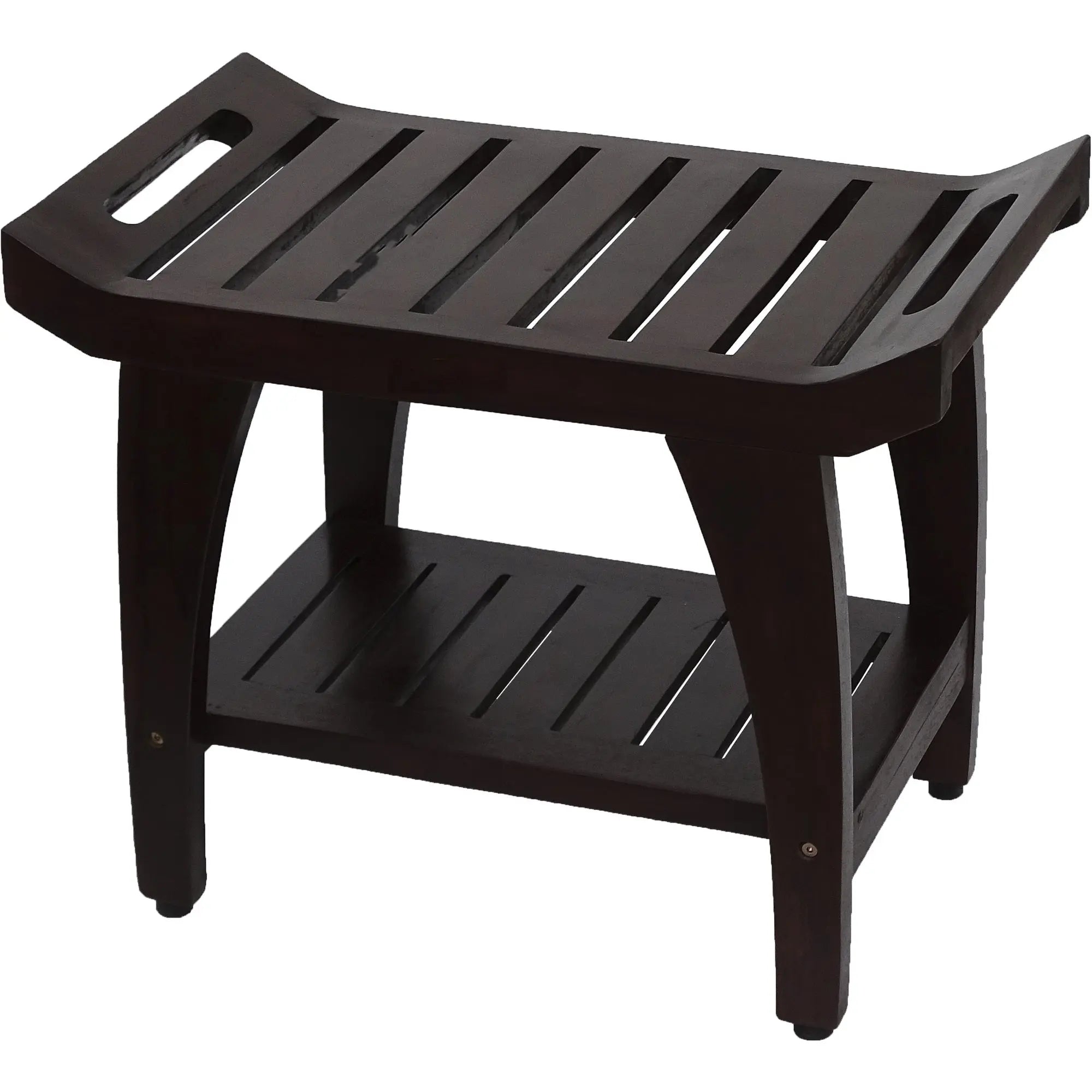 Dark brown wooden shower bench with slatted design and lower shelf, perfect for bathroom or spa use.