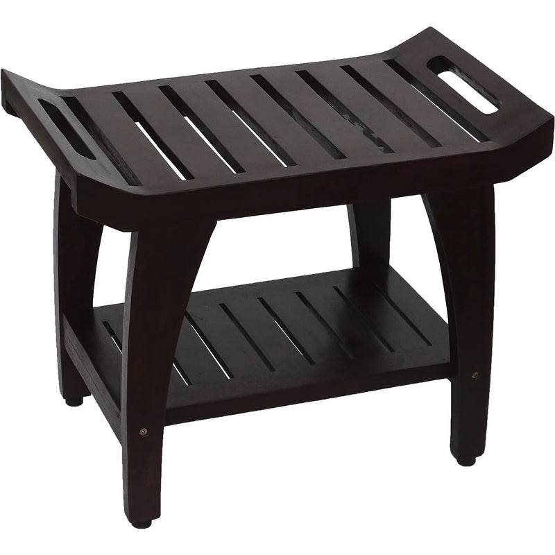 Dark brown wooden tray table with slatted top and bottom shelf, featuring a modern design and ergonomic handles.