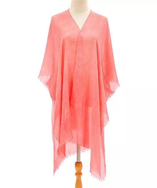 Coral Stonewash Solid Fringe-Trim Kimono JC Sunny Fashion
