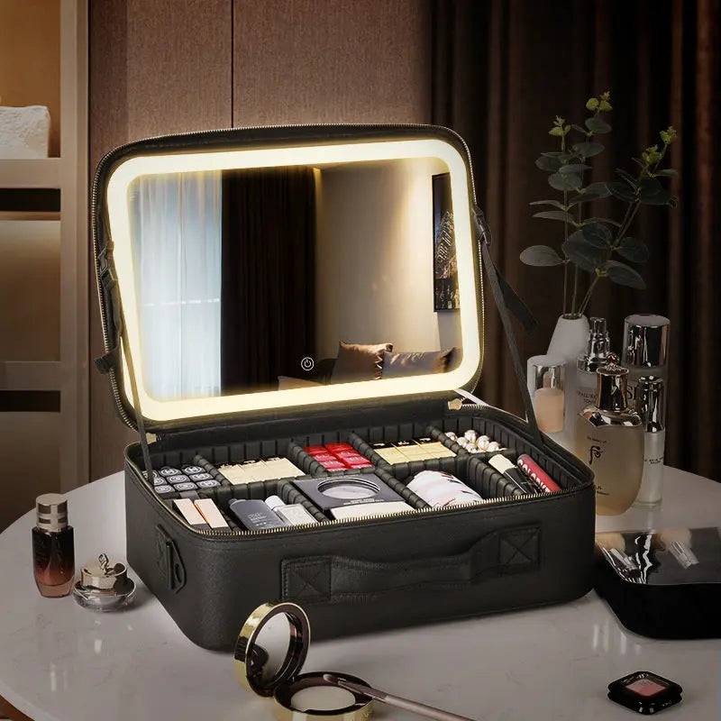 Cosmetic Bag with mirror with light large capacity makeup cosmetic storage bag portable travel removable partition bag GreatEagleInc