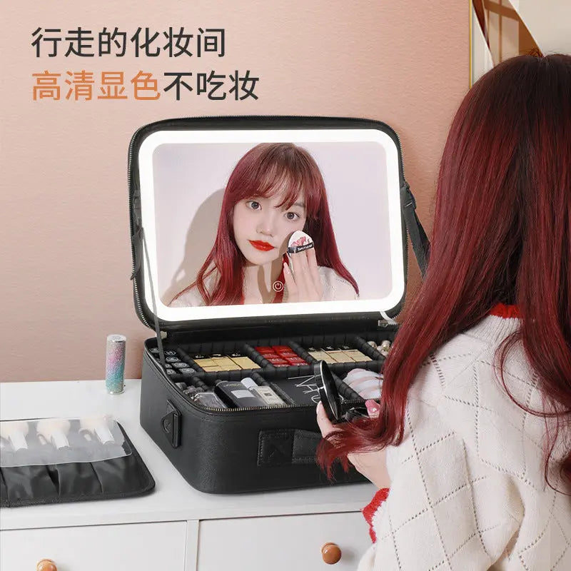 Cosmetic Bag with mirror with light large capacity makeup cosmetic storage bag portable travel removable partition bag GreatEagleInc