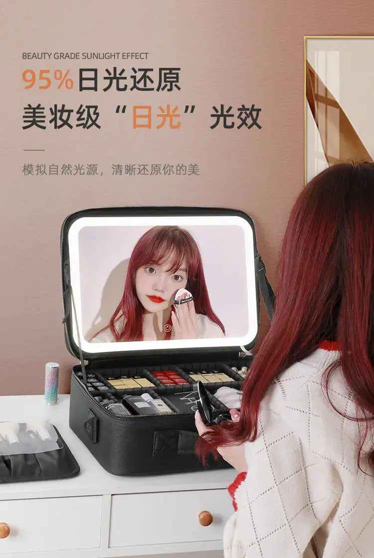 Cosmetic Bag with mirror with light large capacity makeup cosmetic storage bag portable travel removable partition bag GreatEagleInc