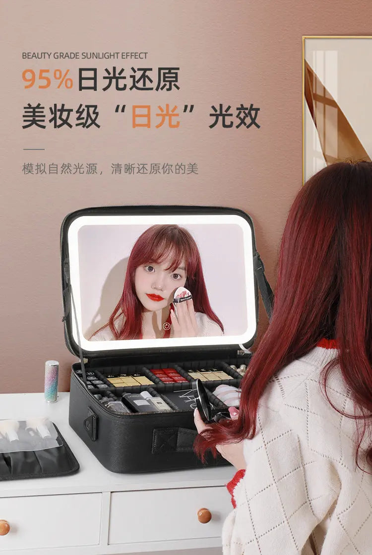 Cosmetic Bag with mirror with light large capacity makeup cosmetic storage bag portable travel removable partition bag GreatEagleInc