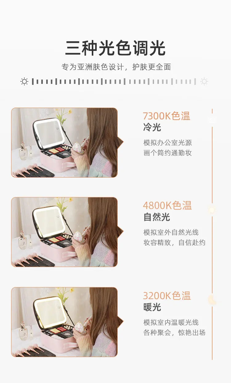 Cosmetic Bag with mirror with light large capacity makeup cosmetic storage bag portable travel removable partition bag GreatEagleInc
