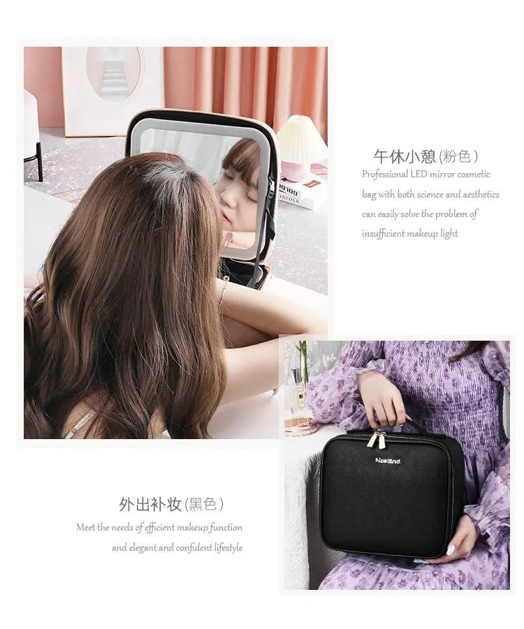 Cosmetic Bag with mirror with light large capacity makeup cosmetic storage bag portable travel removable partition bag GreatEagleInc