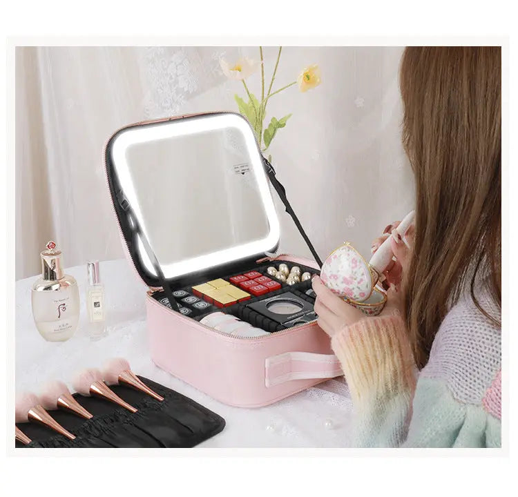 Cosmetic Bag with mirror with light large capacity makeup cosmetic storage bag portable travel removable partition bag GreatEagleInc