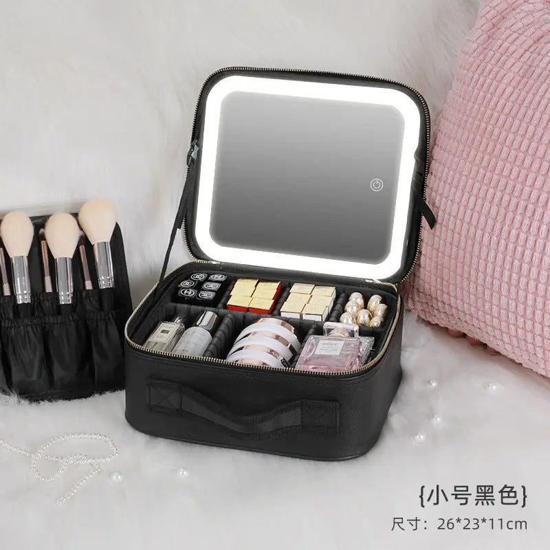 Cosmetic Bag with mirror with light large capacity makeup cosmetic storage bag portable travel removable partition bag GreatEagleInc