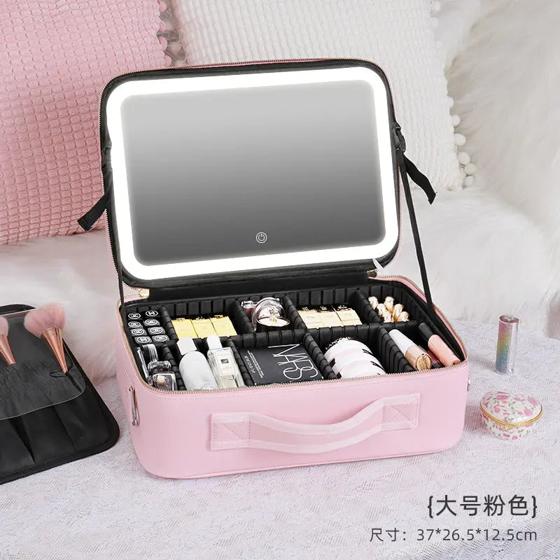 Cosmetic Bag with mirror with light large capacity makeup cosmetic storage bag portable travel removable partition bag GreatEagleInc