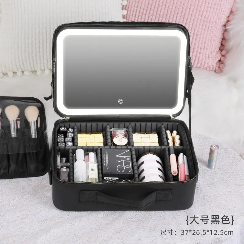 Cosmetic Bag with mirror with light large capacity makeup cosmetic storage bag portable travel removable partition bag GreatEagleInc