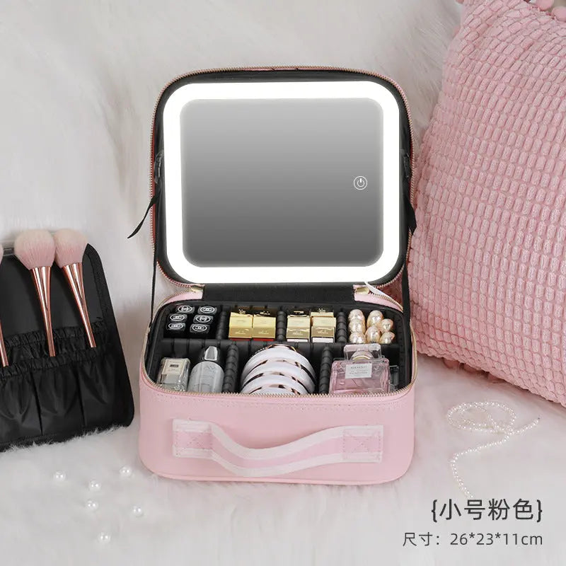Cosmetic Bag with mirror with light large capacity makeup cosmetic storage bag portable travel removable partition bag GreatEagleInc