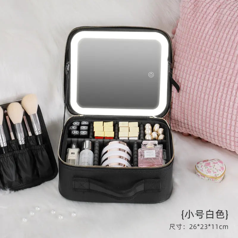 Cosmetic Bag with mirror with light large capacity makeup cosmetic storage bag portable travel removable partition bag GreatEagleInc