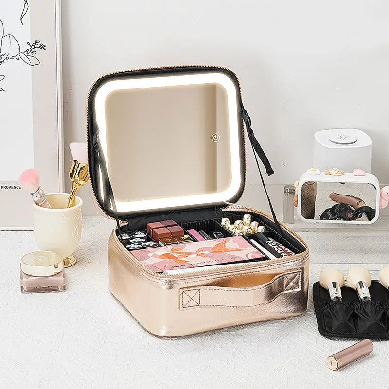 Cosmetic Bag with mirror with light large capacity makeup cosmetic storage bag portable travel removable partition bag GreatEagleInc