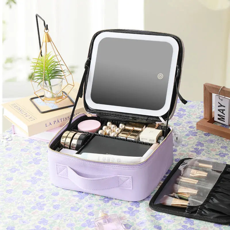 Cosmetic Bag with mirror with light large capacity makeup cosmetic storage bag portable travel removable partition bag GreatEagleInc