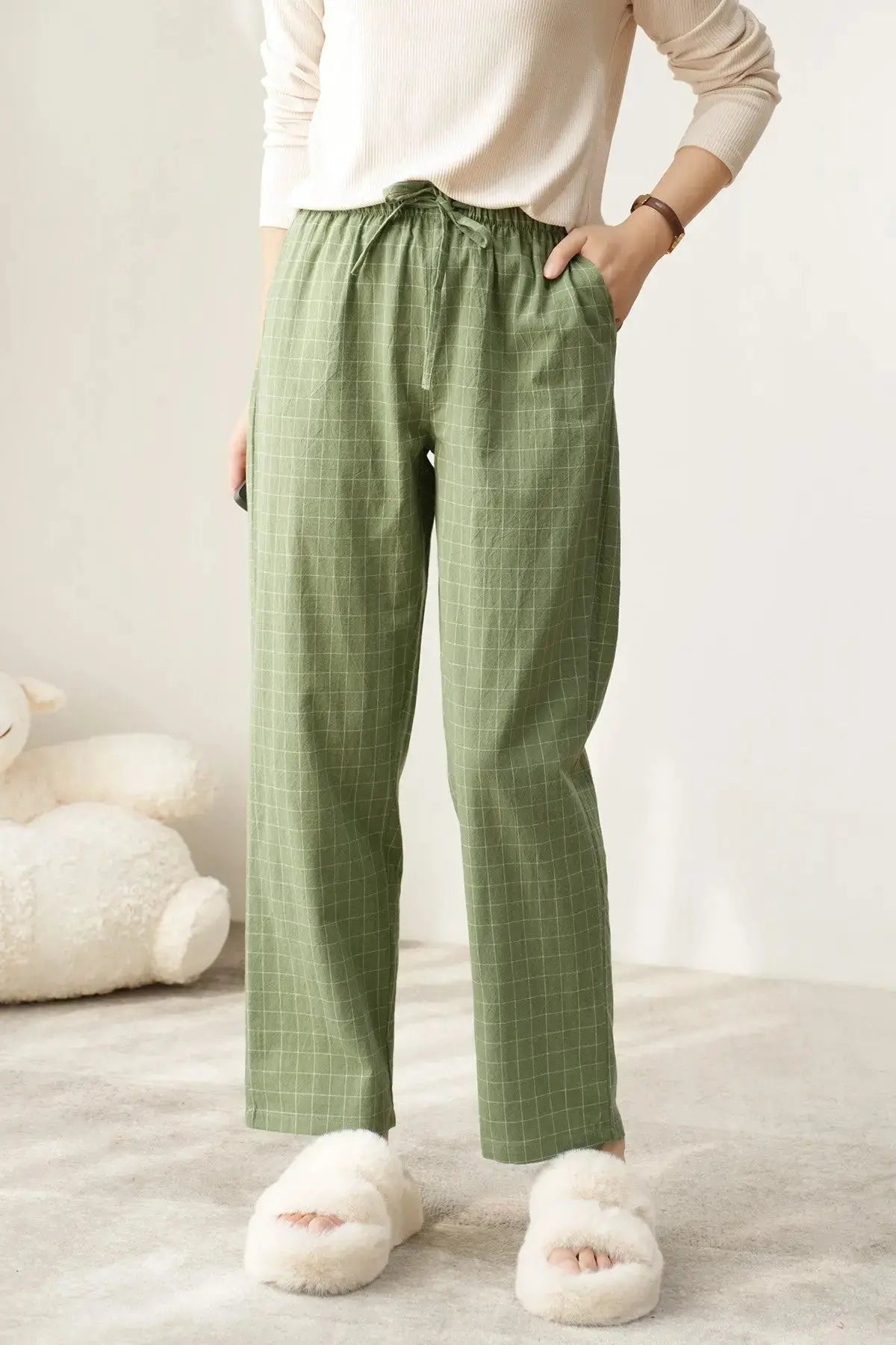 Couple Style Washed Home Pants for Men and Women, Pure Cotton Plaid Pajama Pants, Living Pants, Spring and Autumn Style, Japanese Warehouse Available for Wholesale GreatEagleInc