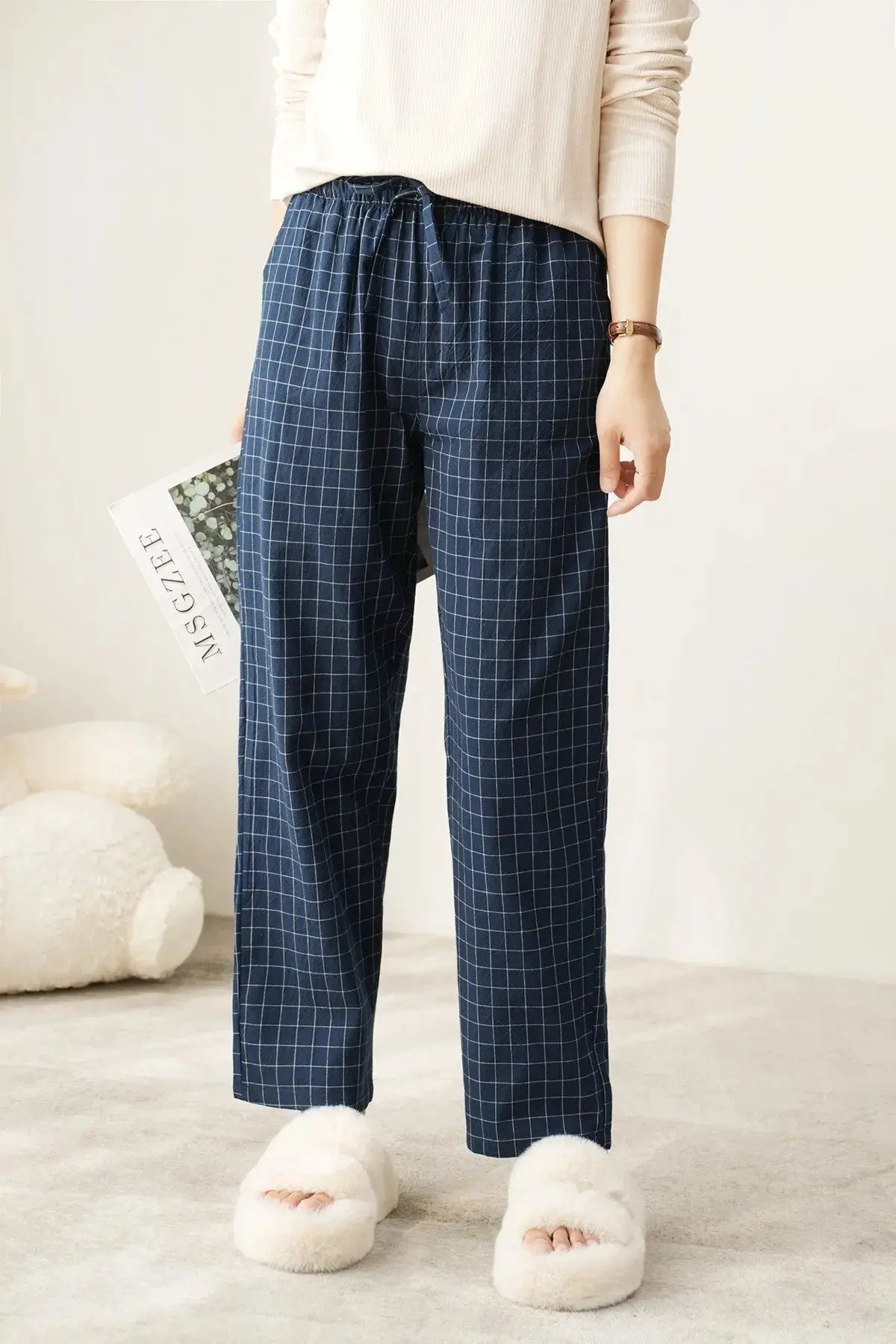 Couple Style Washed Home Pants for Men and Women, Pure Cotton Plaid Pajama Pants, Living Pants, Spring and Autumn Style, Japanese Warehouse Available for Wholesale GreatEagleInc