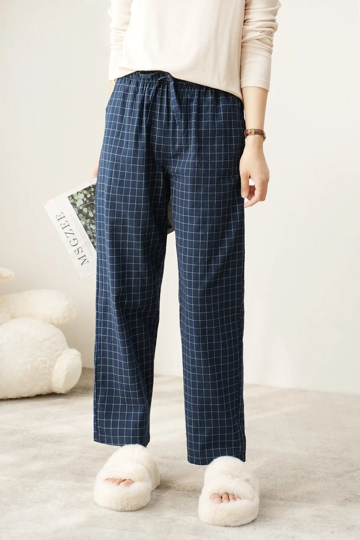 Couple Style Washed Home Pants for Men and Women, Pure Cotton Plaid Pajama Pants, Living Pants, Spring and Autumn Style, Japanese Warehouse Available for Wholesale GreatEagleInc
