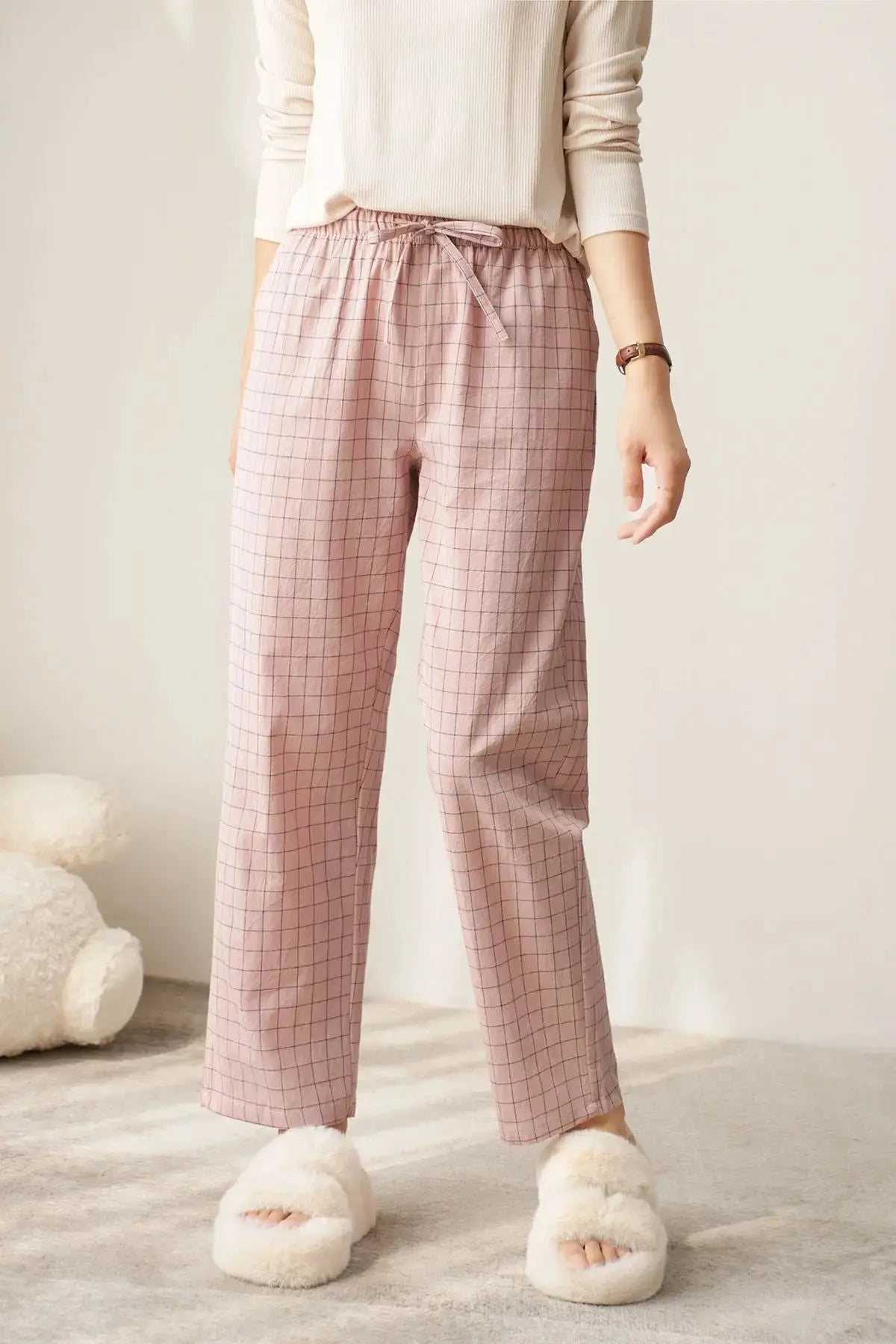 Couple Style Washed Home Pants for Men and Women, Pure Cotton Plaid Pajama Pants, Living Pants, Spring and Autumn Style, Japanese Warehouse Available for Wholesale GreatEagleInc