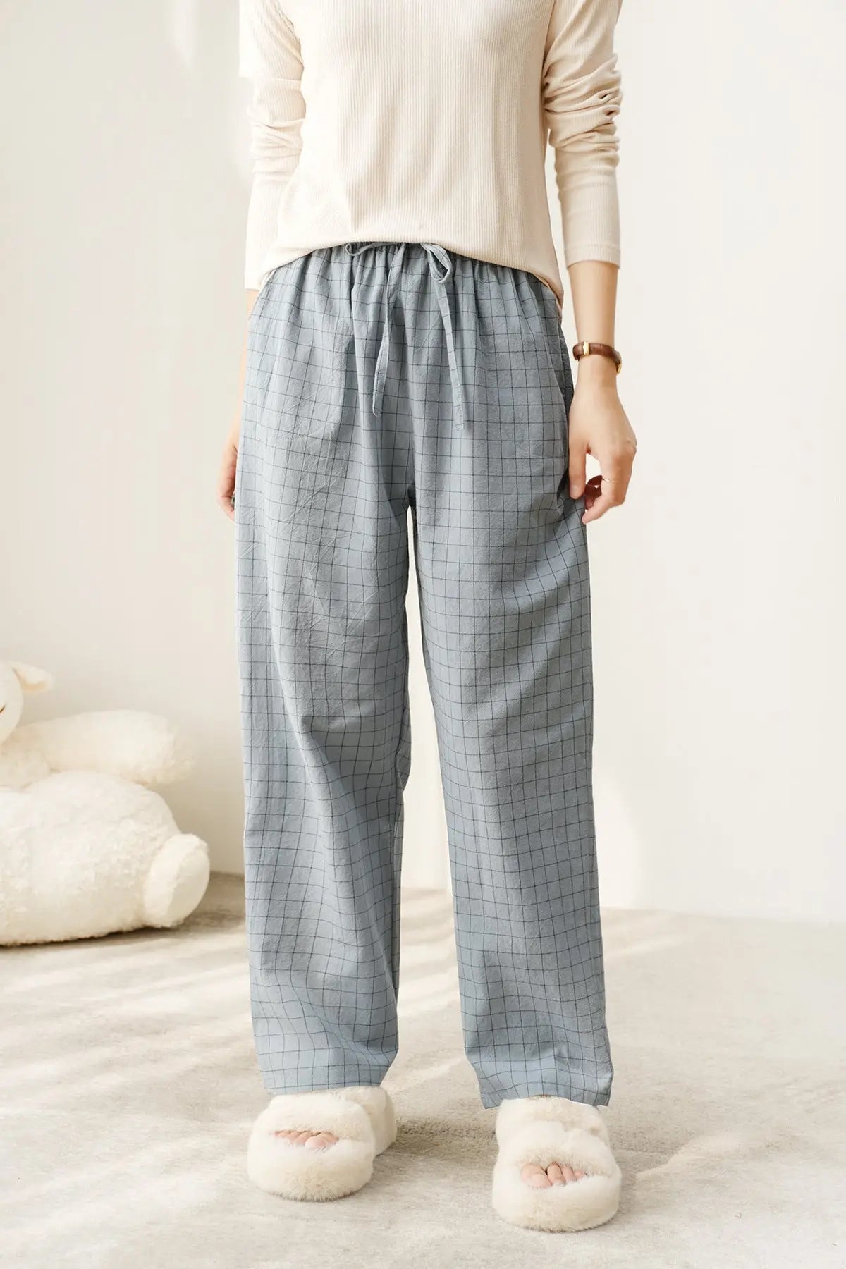 Couple Style Washed Home Pants for Men and Women, Pure Cotton Plaid Pajama Pants, Living Pants, Spring and Autumn Style, Japanese Warehouse Available for Wholesale GreatEagleInc