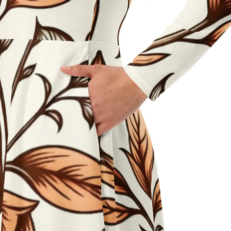 Cream and Brown Leaf Print Print Long Sleeve Midi Dress Adirelounge