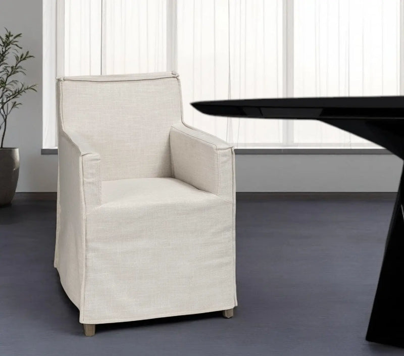 Cream and Brown Slipcovered Upholstered Fabric Dining Arm Chair Homeroots Kitchen & Dining