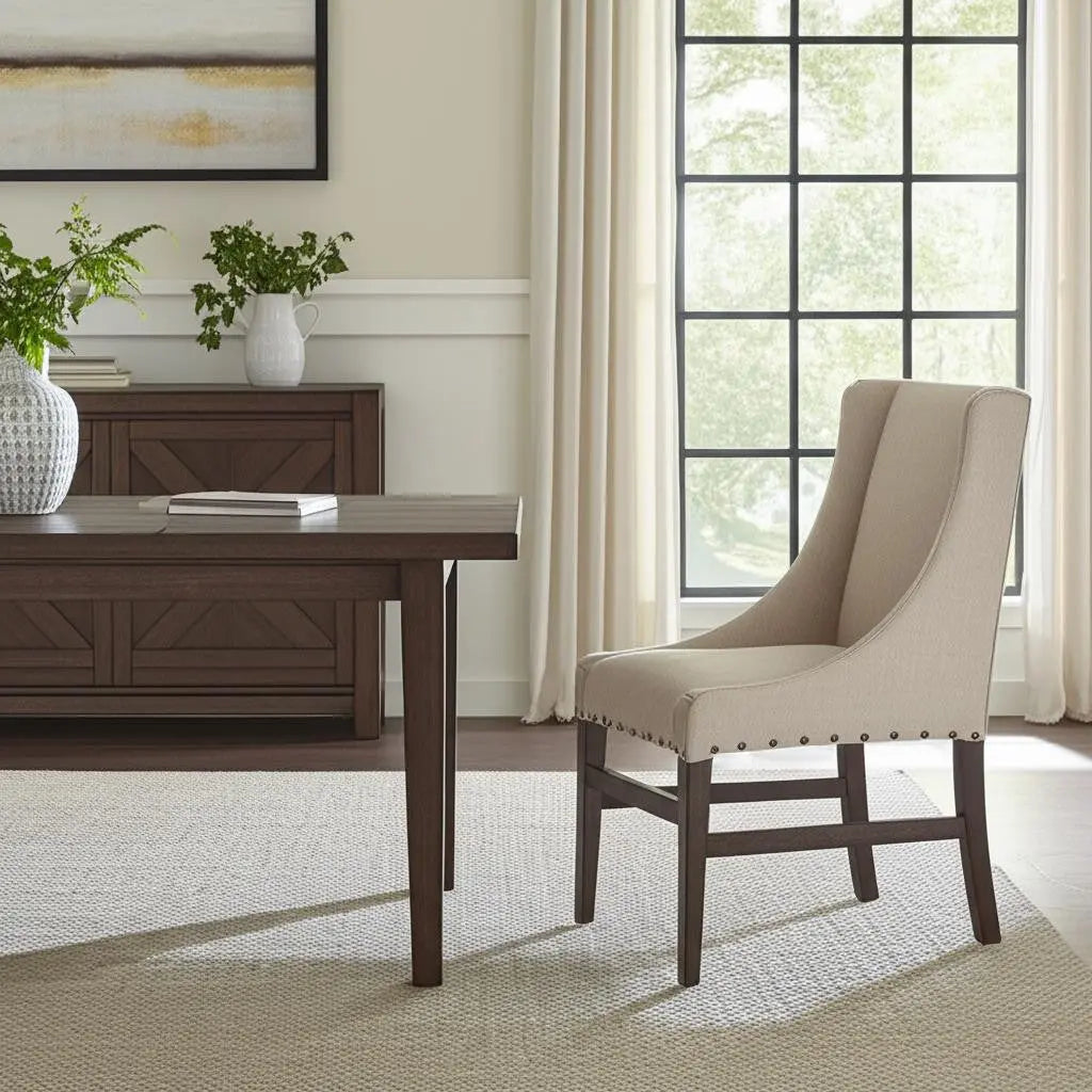 Cream and Brown Upholstered Linen And Solid Wood Dining Side Chair Homeroots Kitchen & Dining