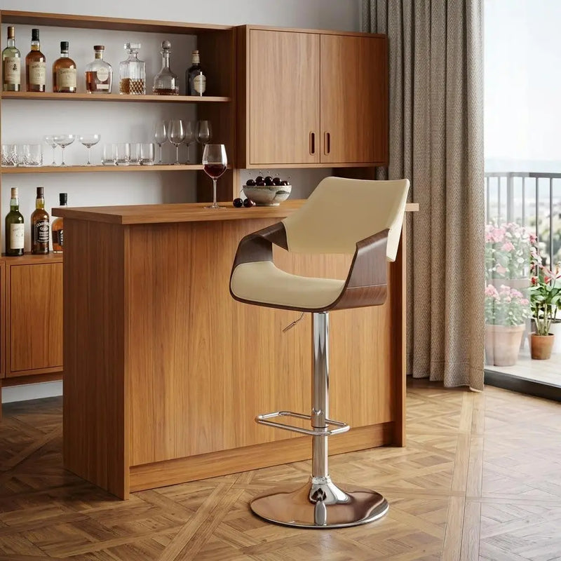 Cream and Silver Faux Leather Iron And Wood Adjustable Height Swivel Bar Chair Homeroots Living Room