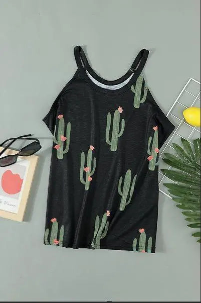 Crew Neck Cactus Print Tank Top Stay Warm in Style