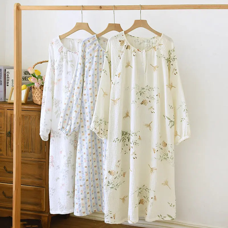 Crewneck Nightdress Women's Pajamas Spring and Autumn Cotton Long-sleeved dress Spring and Summer suit Cartoon Home Clothes for Women GreatEagleInc