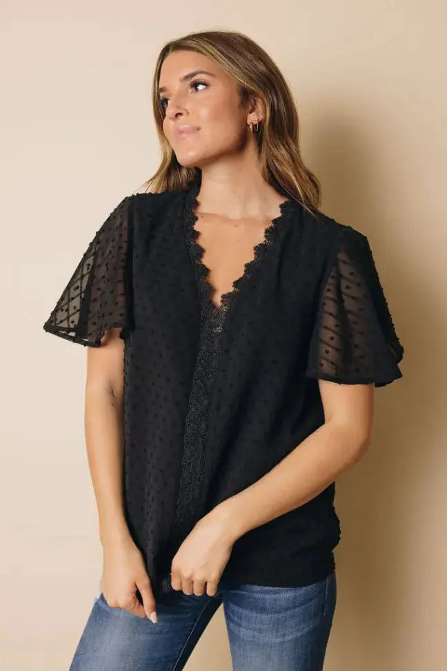 Crochet V Neck Swiss Dot Butterfly Sleeve Top Stay Warm in Style