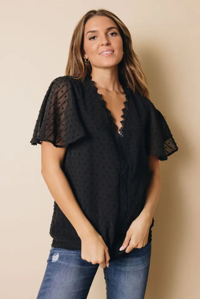 Crochet V Neck Swiss Dot Butterfly Sleeve Top Stay Warm in Style