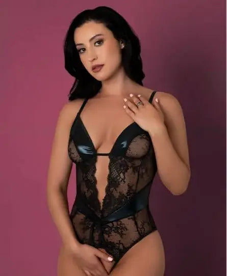 Crotchless Plunge Teddy Blk M Magic Silk Lingerie