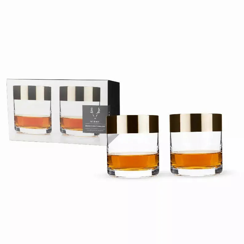Set of 2 elegant whiskey glasses, clear glass with gold-tone metal band, perfect for gifting or personal use.