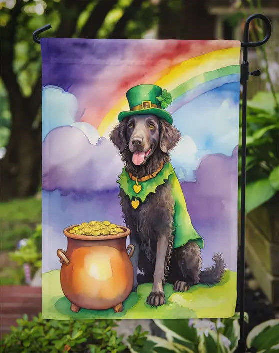 Colorful St. Patrick's Day yard flag featuring a black dog in a green leprechaun outfit with a pot of gold and rainbow.