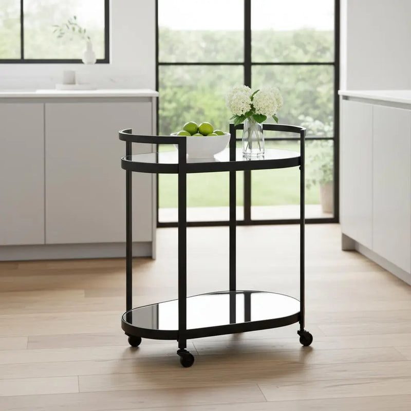 Cyclider Black Metal With Two Mirror Glass Shelves Bar Cart Homeroots Kitchen & Dining