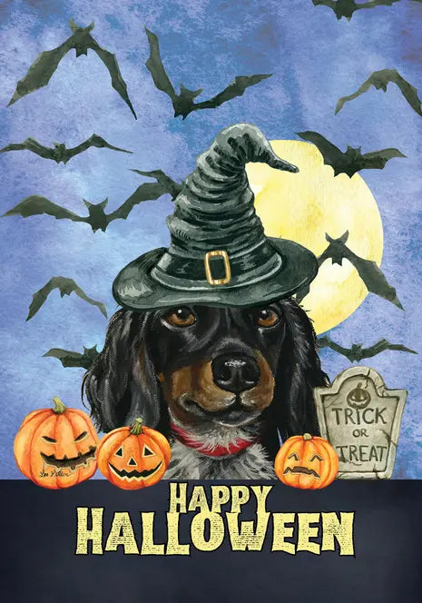 Dachshund Black/Tan - Hippie Hound Studio Best of Breed Halloween House and Garden Flag Best of Breed