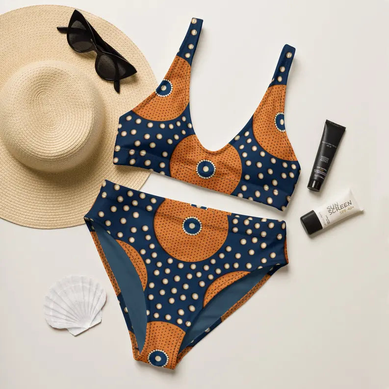 Dark Blue and Orange Vintage High-Waisted Two Piece Swimwear for Women Adirelounge