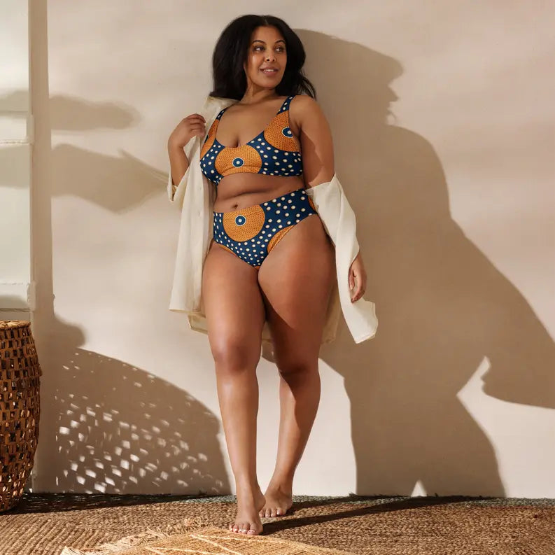 Dark Blue and Orange Vintage High-Waisted Two Piece Swimwear for Women Adirelounge