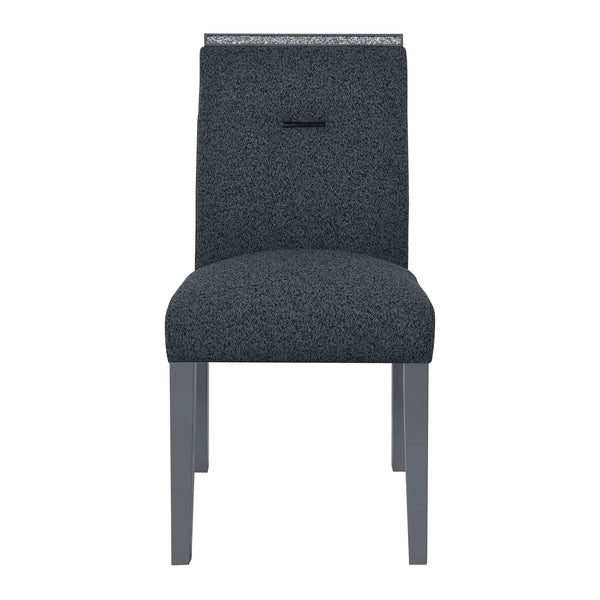 Modern gray upholstered chair with textured fabric and sleek gray wooden legs, perfect for contemporary dining.