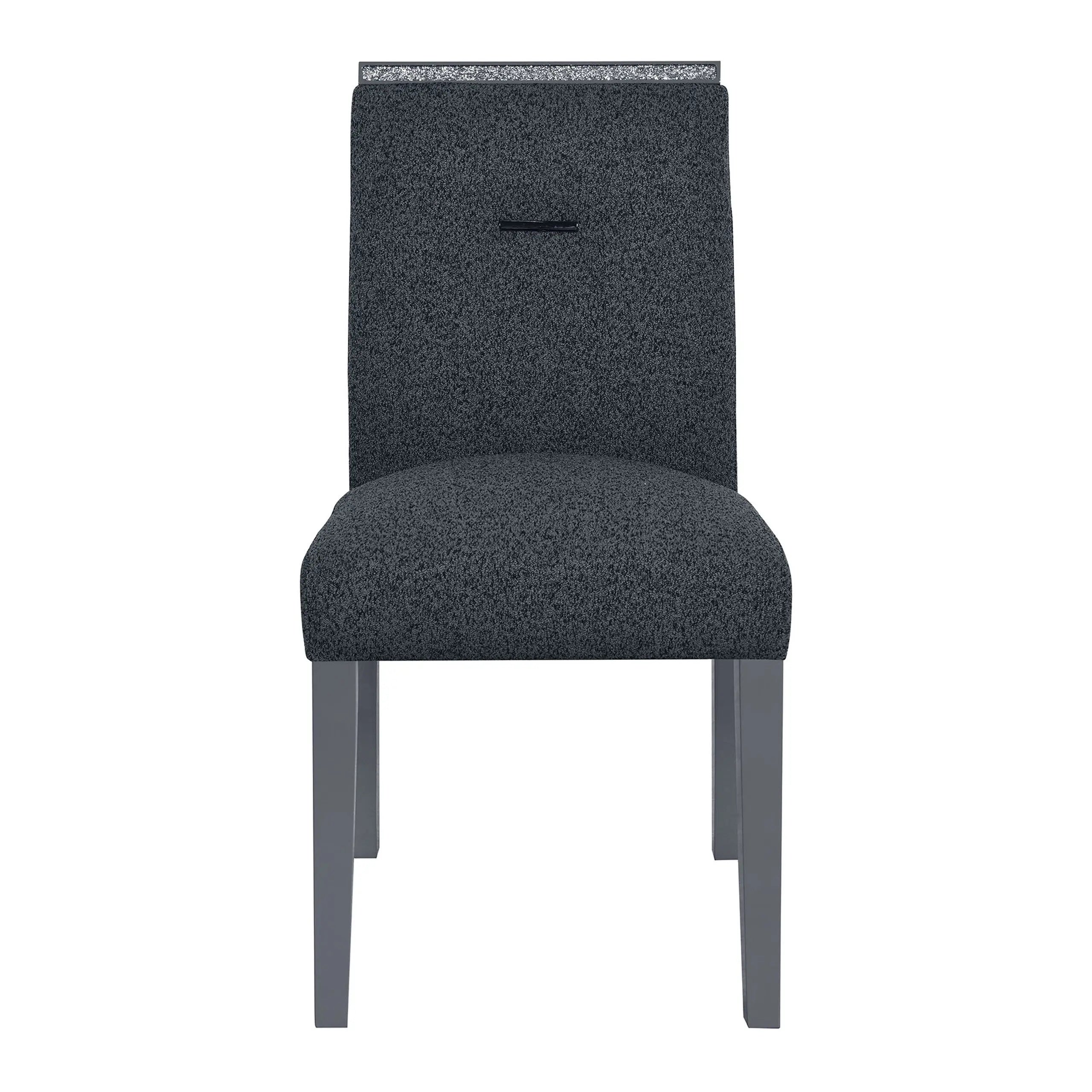 Modern gray upholstered dining chair with a textured fabric and minimalist design, featuring a sleek gray wooden frame.