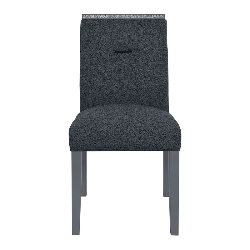 Modern gray upholstered dining chair with a textured fabric and minimalist design, featuring a sleek gray wooden frame.