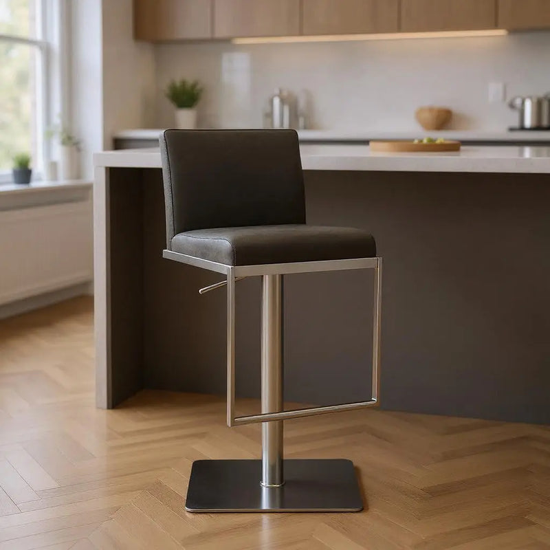 Dark Gray and Silver Faux Leather And Steel Adjustable Bar Chair Homeroots Living Room