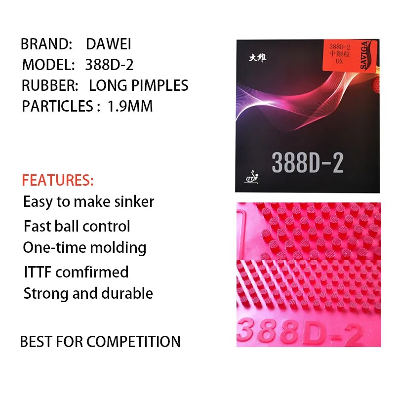 Dawei 388D-2 Table Tennis Rubber OX/0.5mm/1.0mm Sponge Long Pimples Medium Grain Ping Pong Rubber ITTF Certification