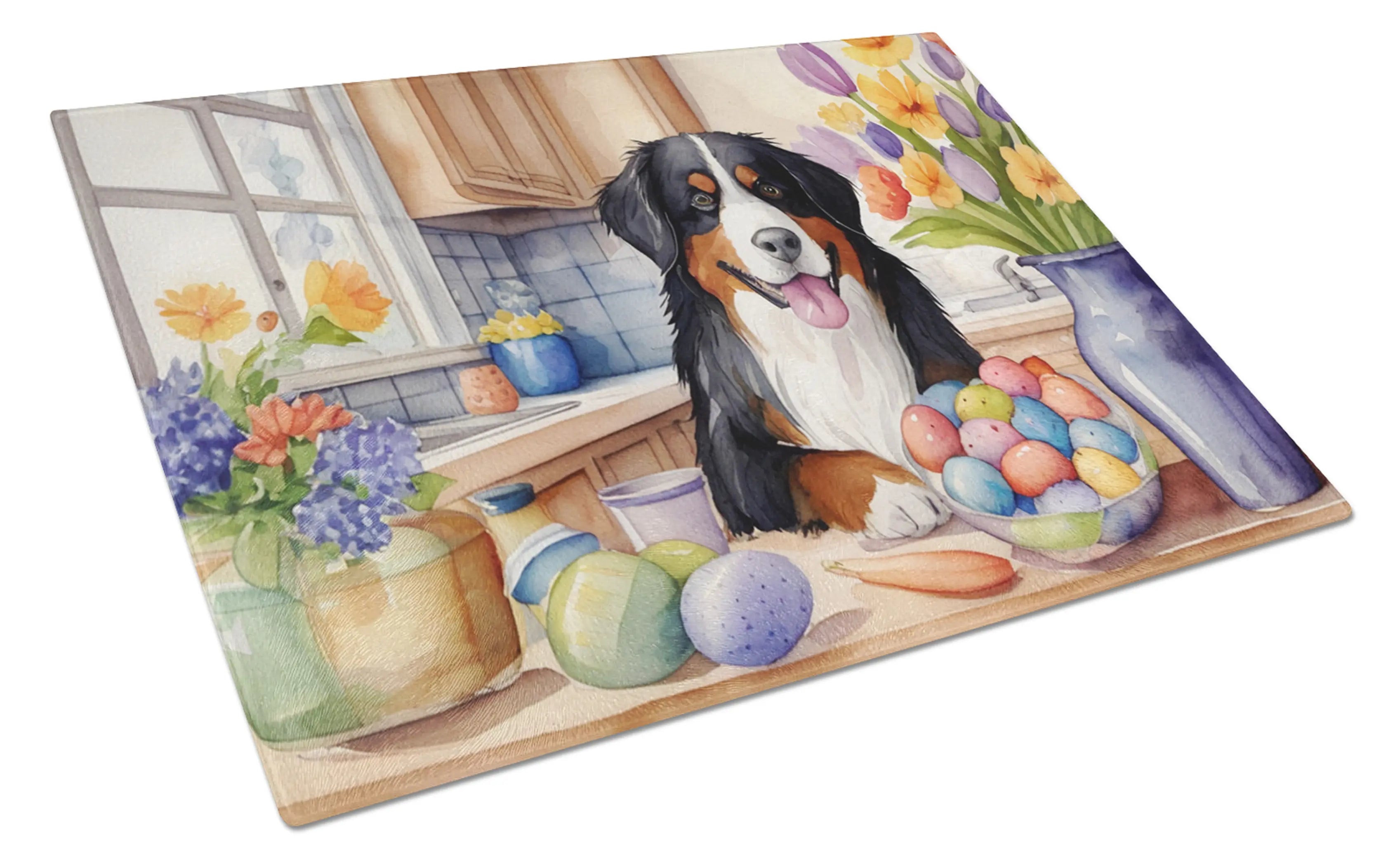 Decorating Easter Bernese Mountain Dog Glass Cutting Board Caroline's Treasures