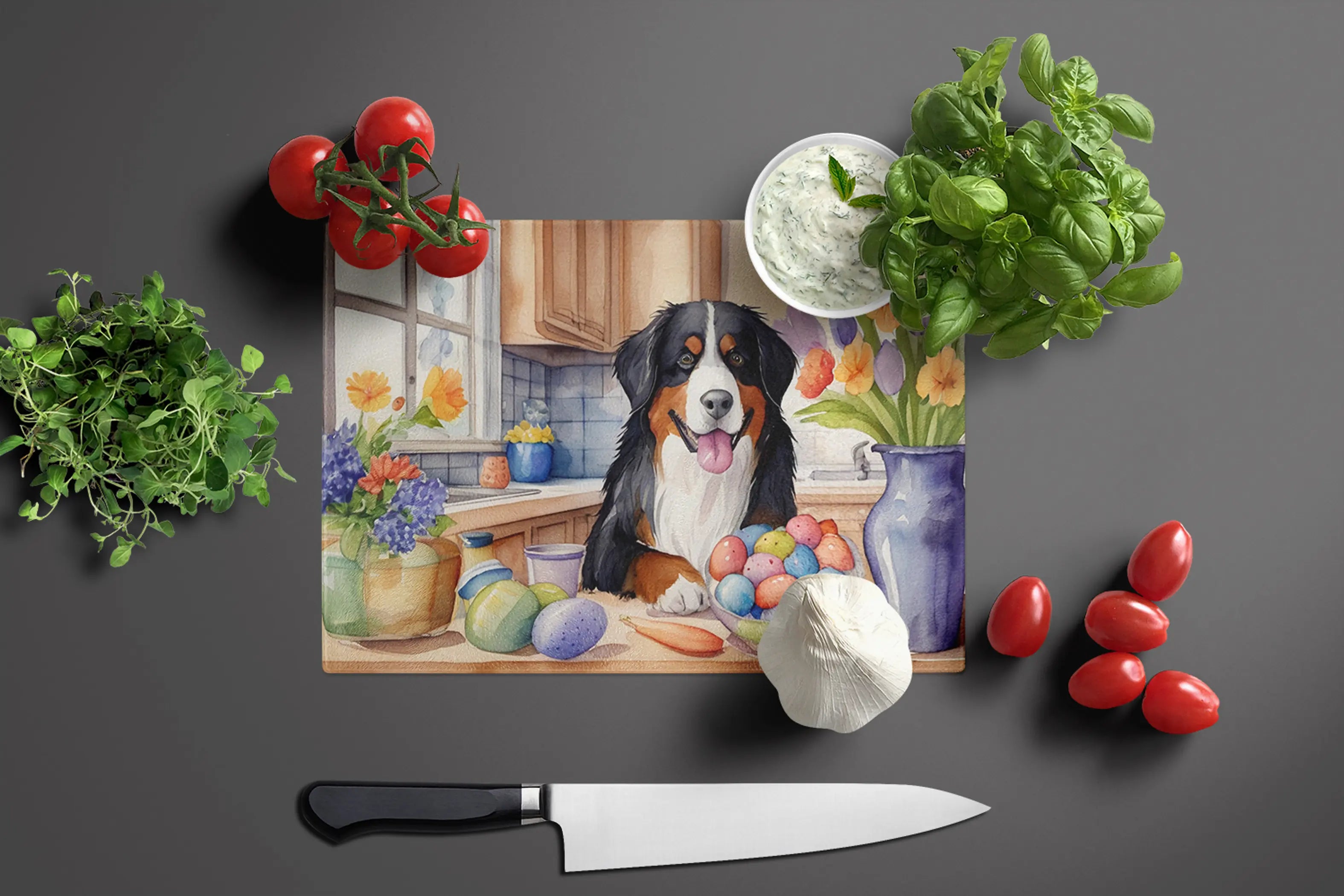 Decorating Easter Bernese Mountain Dog Glass Cutting Board Caroline's Treasures