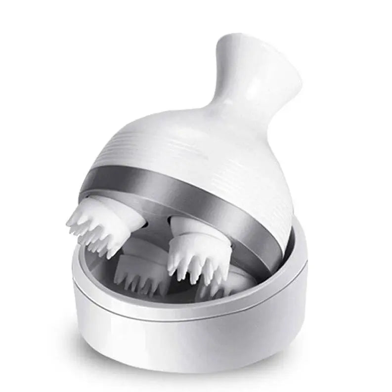 White handheld massager with soft silicone bristles and ergonomic design for relaxation and muscle relief.