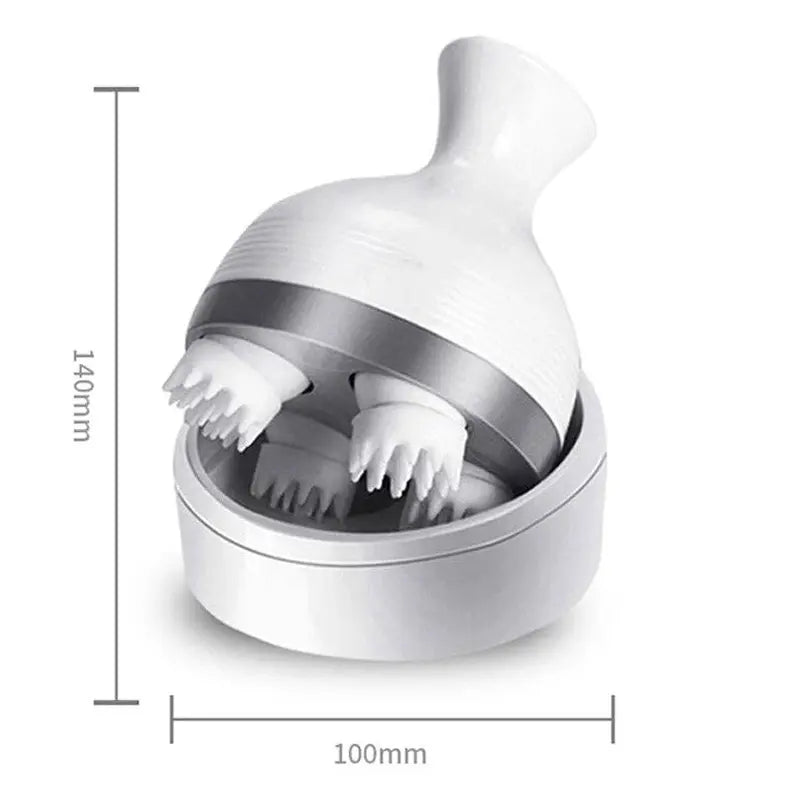 White silicone scalp massager with ergonomic design and stainless steel base, 140mm height, and 100mm diameter.
